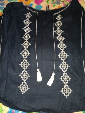 Lucky Brand Boho Black Peasant Top with tan Embroidery And Tassel Ties